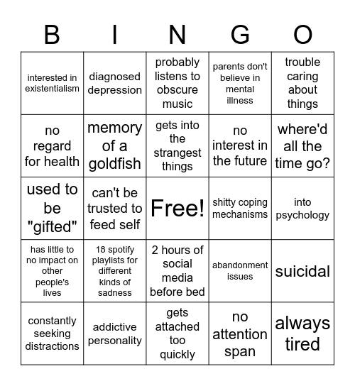 depressed 2000s kid Bingo Card