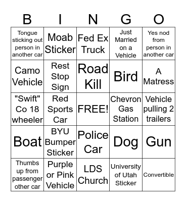 Payson Temple Road Trip Bingo Card