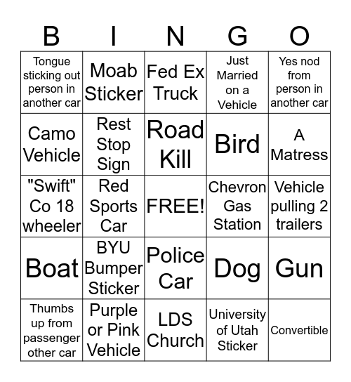 Payson Temple Road Trip Bingo Card