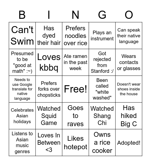 In Between Bingo Card