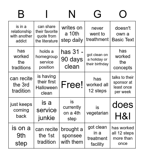 Recovery Bingo!!! Bingo Card