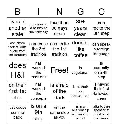 Recovery Bingo!!! Bingo Card