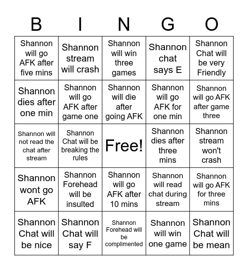 Shannon's Roblox Streams Bingo Card