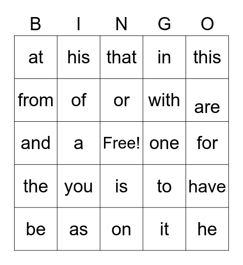 Heart Word List #1 Bingo Card