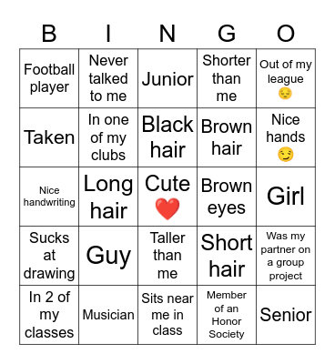 My Crush Bingo Card