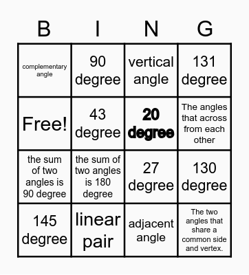 Angle Pairs vocabulary Bingo Card