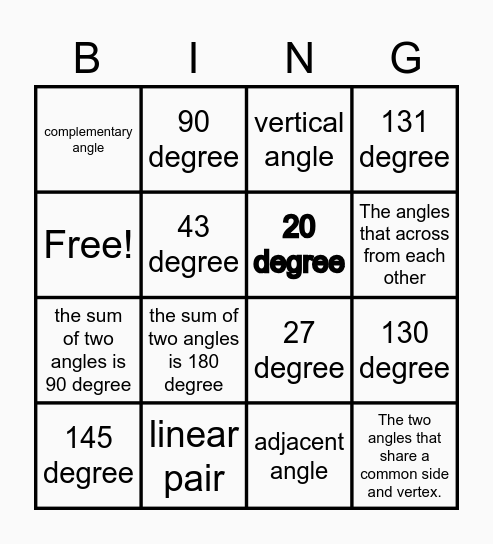 Angle Pairs vocabulary Bingo Card