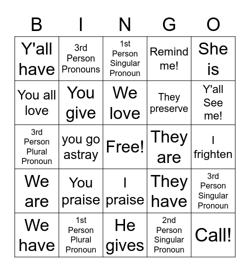 Wheelock's Conjugated Verbs 1-4 Bingo Card