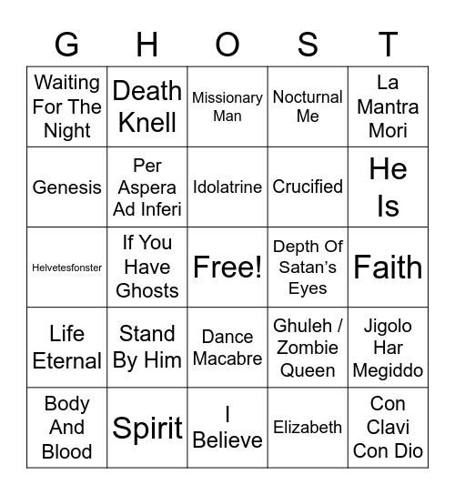 Ghost Songs Card Bingo Card