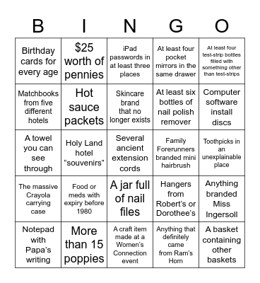 What Will We Find At Nanny’s? Bingo Card