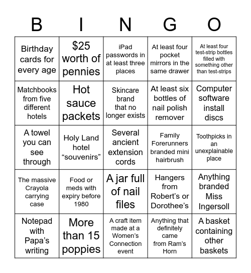 What Will We Find At Nanny’s? Bingo Card