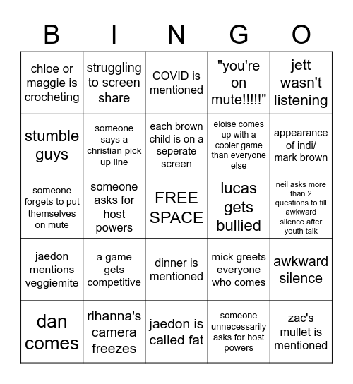 Youth Group Bingo Card