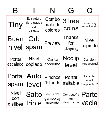 Geometry Dash Bingo Card