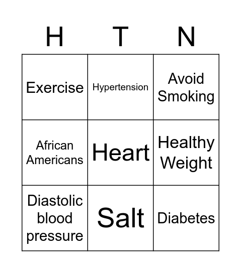 High Blood Pressure Bingo Card