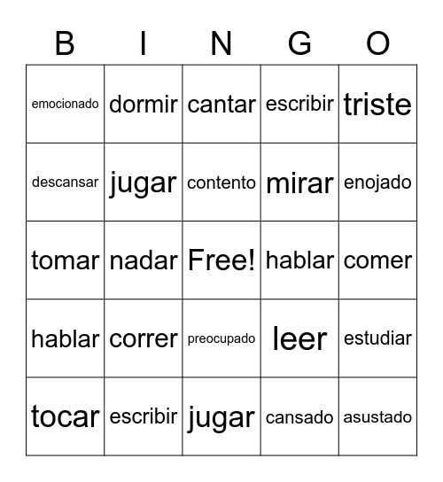 Action or Feeling Words Bingo Card