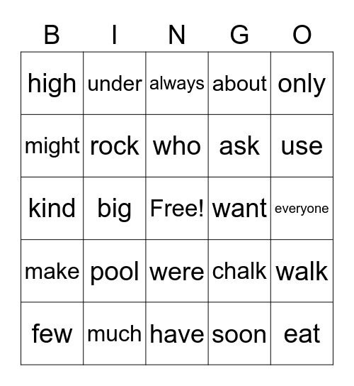 Site Word Bingo Card