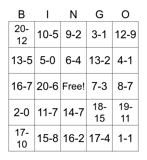 Add & Subtract Bingo Card