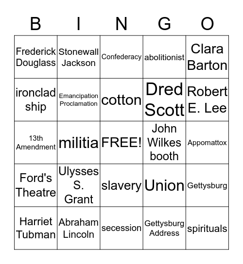 Civil War Ch. 9-10 3rd Gr. Social Studies Bingo Card