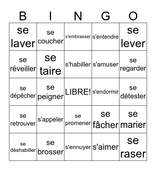 Les verbes réfléchis Bingo Card