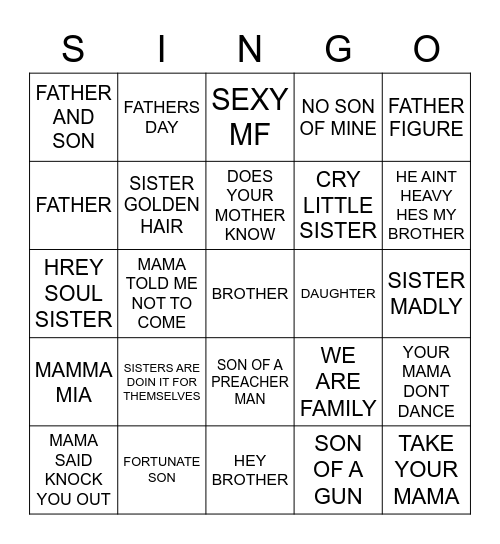 699 ITS ALL IN THE FAMILY Bingo Card