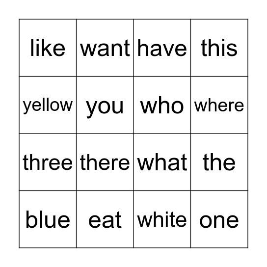 Sight Words Bingo Card