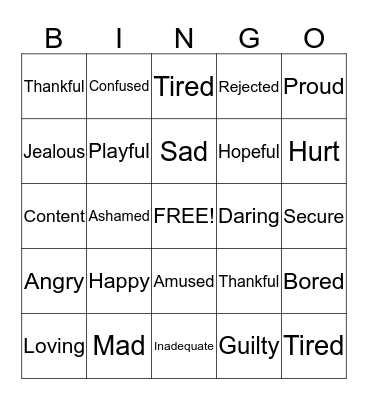 Fit Feelings Bingo Card