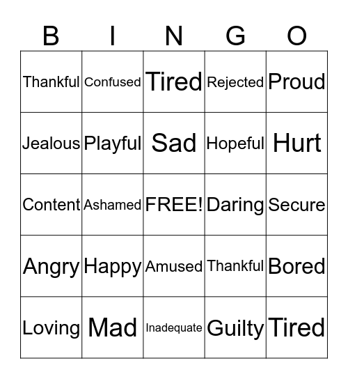 Fit Feelings Bingo Card