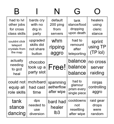 Every FFXIV Boomer Conversation Ever Bingo Card