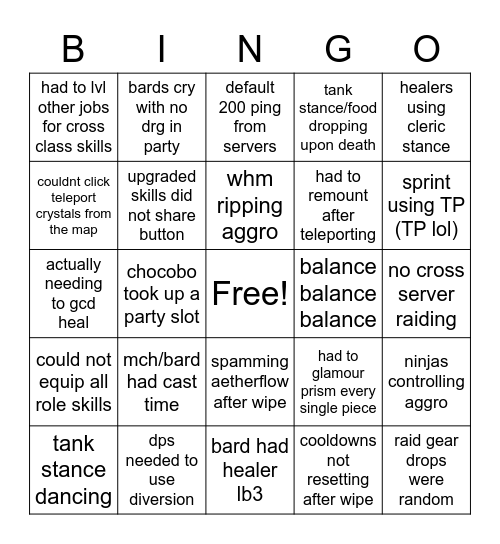 Every FFXIV Boomer Conversation Ever Bingo Card