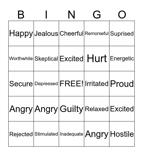 Fit Feelings Bingo Card