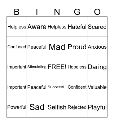 Fit Feelings Bingo Card