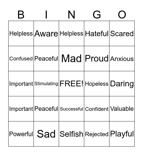 Fit Feelings Bingo Card