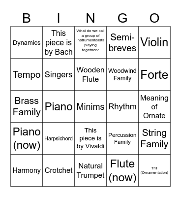 Baroque Music Bingo Card