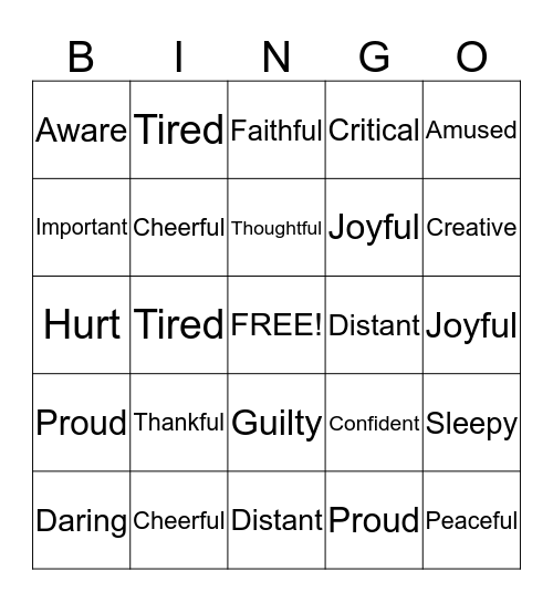 Fit Feelings Bingo Card
