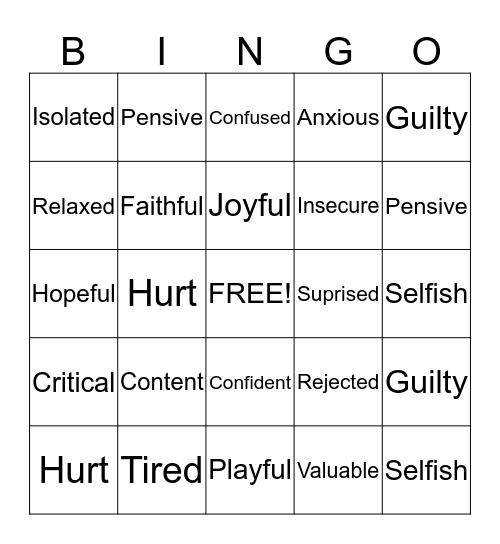 Fit Feelings Bingo Card