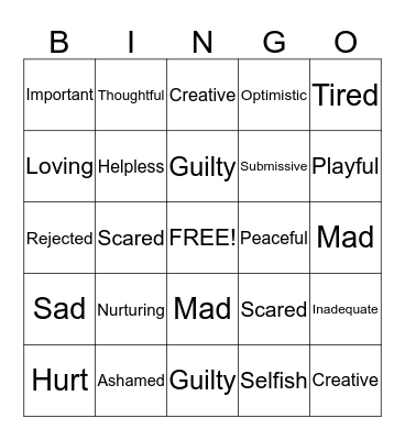 Fit Feelings Bingo Card