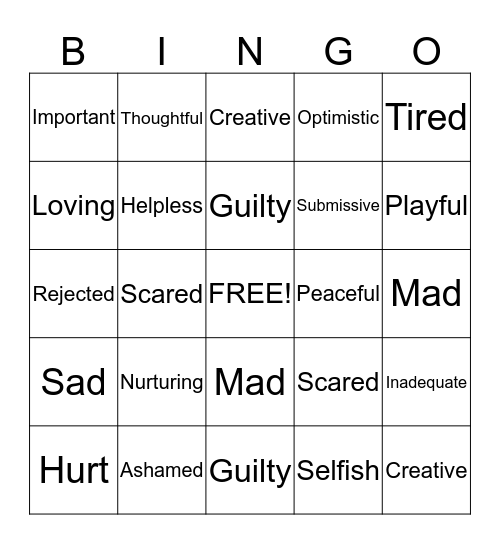 Fit Feelings Bingo Card