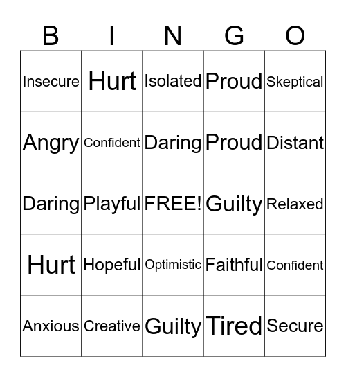 Fit Feelings Bingo Card