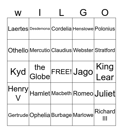 Shakespeare Bingo Card