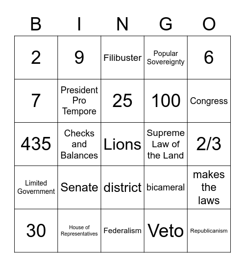 Legislative Bingo Card