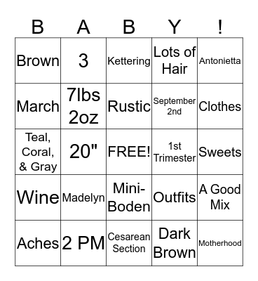 Mommy to-be Bingo! Bingo Card