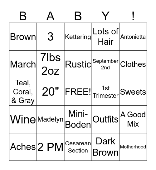 Mommy to-be Bingo! Bingo Card