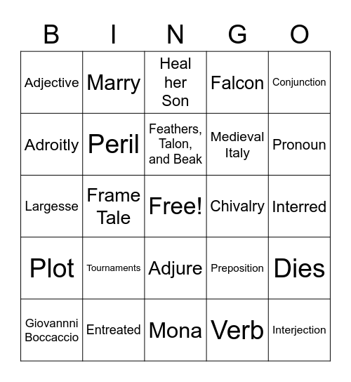 Medieval Lit Test Bingo Card