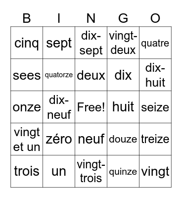 FRENCH NUMBERS Bingo Card