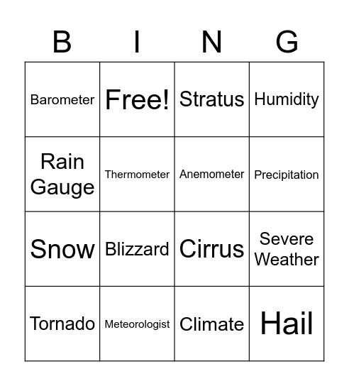 Weather Bingo Card