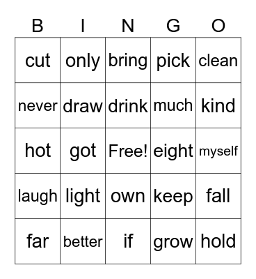 Sight Word Recognition Data Bingo Card