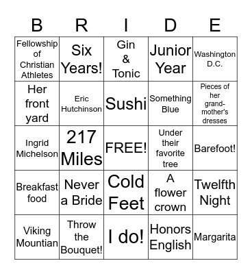 Bridal Bingo Card