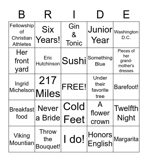 Bridal Bingo Card