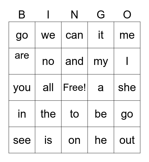 Sight Word Bingo Card