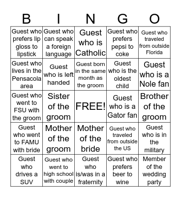 Wedding BINGO!  Bingo Card